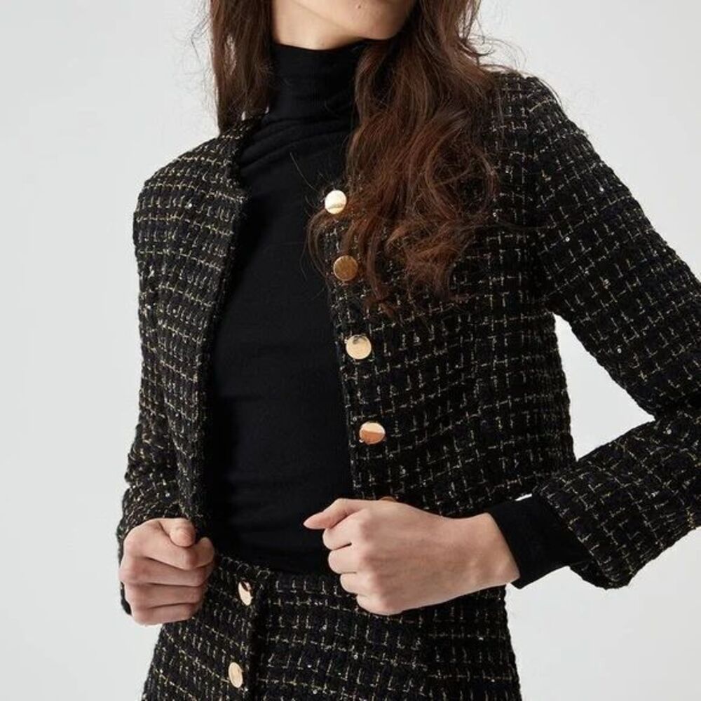 Commense Tweed Cropped Sequined Gold‎ Button Black Cocktail Party Blazer S
